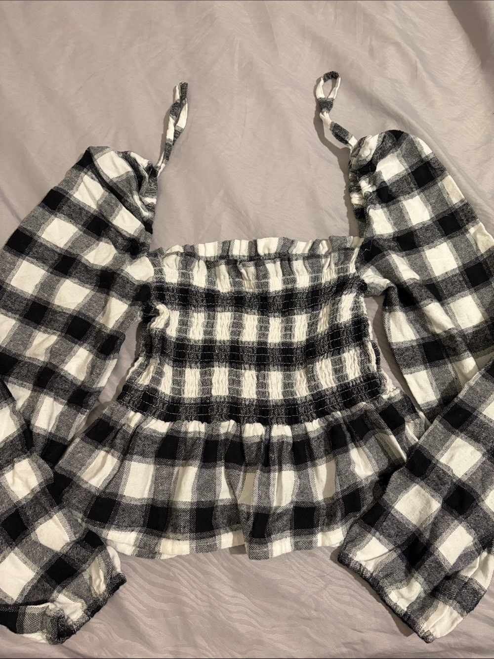 Miss Selfridge Black and White Plaid Smocked Peplum Top